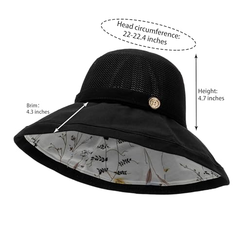 Women's-Mesh-Sun-Hats Wide-Brim Summer Beach Bucket Caps for Girls Outdoor-UV-Protection Foldable-Fishing-Hat Chin Strap - color: Black
