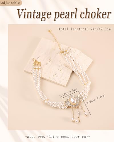 Bethynas Boho Layered Pearl Rhinestones Choker Necklace Vintage Chunky Pearl Crystal Pendant Short Necklace Chain Bridal Prom 1920s Costume Party Jewelry for Women - color: Pearl 2