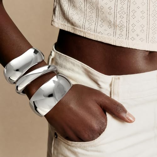 Chunky Gold Bangle Bracelets for Women Trendy 14K Gold Plated Cuff Bracelets Stack, Dainty Gold Bracelet Sets Non Tarnish Fashion Jewelry Gift - style: Silver-3pc-012