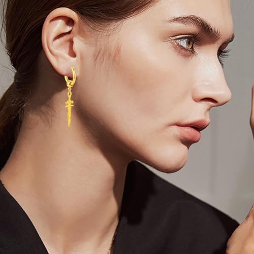 Sword Drop Dangle Small Hoop Earrings for Women Men Stainless Steel Engrave Dagger Halloween Statement Charms Drop Dangling Hoops Cuff Cartilage Wrap Vintage Punk Pray Jewelry - color: Gold-Toned