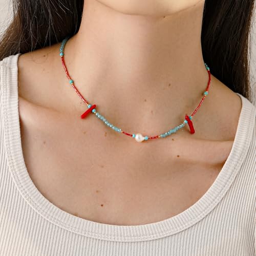 Turquoise Choker Necklace for Women, Western Crystal Bead & Pearl Necklace with Adjustable Chain Natural Stone Energy Jewelry, Boho Beaded Choker for Gifts - color: Turq Red Blue