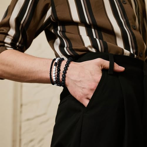 Men’s Hematite Bracelet Set Boho Multi - Tiger Eye/Matte Agate/Lava Rock Gifts for Birthday/Anniversary/Christmas - color: F01 Howlite