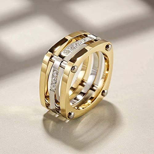 CIUNOFOR Square Chunky Cocktail Ring for Women, Gold Plated Stainless Steel CZ Statement Ring, Bold Wide Style, Sizes 6–11