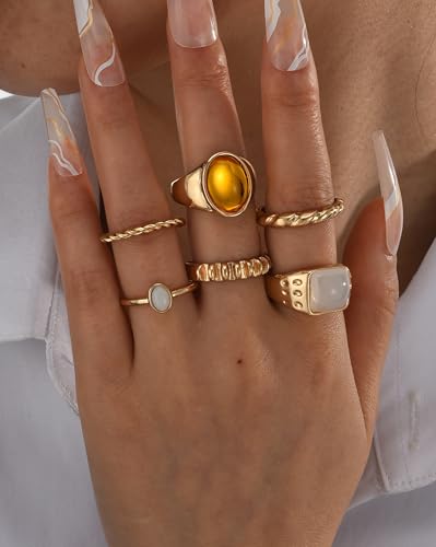 FAXHION 24-60 Pcs Gold Stackable Rings for Women, Knuckle Rings Chunky Gold Ring Set Dainty Stacking Cute Rings, Multiple Sizes Cute Jewelry Set Gift - style: Maillard -6 pcs