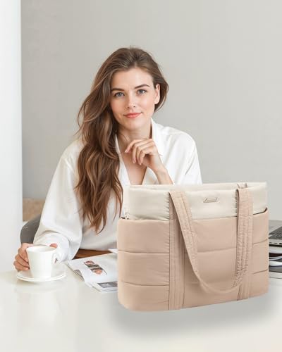 LOVEVOOK Tote Bag for Women, Large Puffer Work Tote Laptop Bag, Lightweight Travel Tote Bag with Zipper Gifts for Women - color: Apricot-beige-a, size: 15.6 Inch