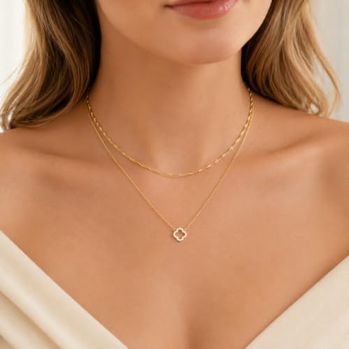 Dainty Gold Necklaces for Women Trendy Non Tarnish 14K Gold Plated Cubic Zirconia Necklace Layered Simple Cute Four Leaf Clover Choker Jewelry Birthday Gifts - color: Gold, style: Layered Small CZ