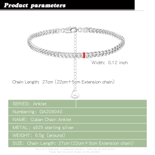 Dankadi 925 Sterling Silver Anklets Bracelet Women/Men Waterproof Simple Durable Chopin Chain/Cuban Link/Figaro/Box/Twist Rope Chain For Beach Foot Jewelry Gift - color: 3MM Cuban Chain, size: 27cm