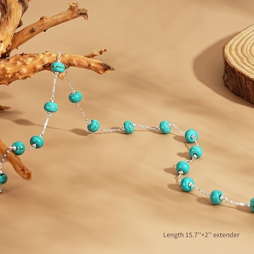 Created Turquoise Necklace for Women 14K Gold Plated Beaded Heart Choker Boho Necklaces Handmade Beach Summer Everyday Western Jewelry Gifts - color: Silver Chain, style: Bead