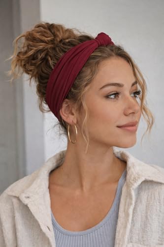 Satin Lined Knot Headband for Women – Wide Stretch Fabric Head Wrap with Twist Knot, Soft Ribbed Jersey, Comfortable Non-Slip Hair Band Protects hair from damage and breakage. (wine) - color: wine