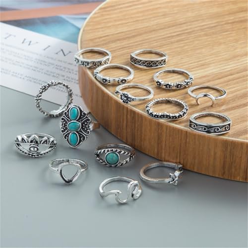 Bohemian Joint Knuckle Rings Set for Women,Vintage Boho Turquoise Stackable Rings Chunky Retro Turquoise Midi Finger Ring Statement Western Jewelry - style: Style D
