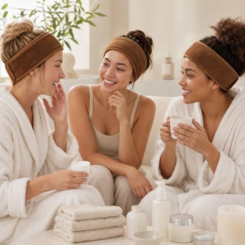 Whaline 4Pcs Spa Facial Headbands Make Up Wrap Head Terry Cloth Headband Soft Adjustable Towel Band for Face Washing Shower Facial Cover Yoga (Coffee) - color: Coffee