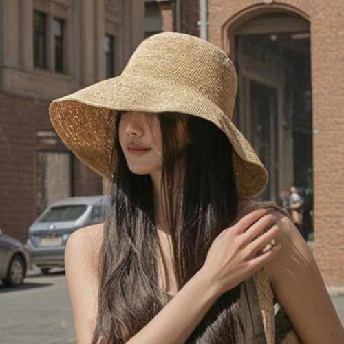Women Straw Sun Hat Summer Beach Hats Foldable Floppy Cap Wide Brim Bucket Hat Solid Handmade Sun Protection Caps - color: Khaki
