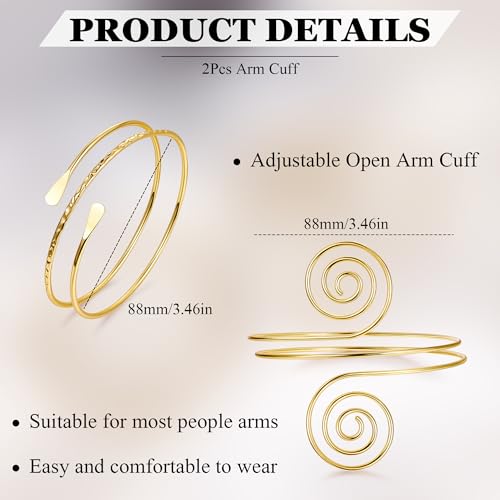 2Pcs Arm Cuff Gold Upper Arm Cuff for Women Adjustable Upper Arm Bracelets Open Irregular Arm Bangle Minimalist Coil Swirl Armlets Armband Jewelry - style: styleF gold
