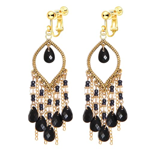 Clip on Tassel Dangle Earrings for Boho Women, Non Pierced, Colorful Feather Handmade Beads Fashion Vintage Fringe Jewelry for Parties Weddings Festivals Trendy Statement Earrings for Bohemian - color: Black B