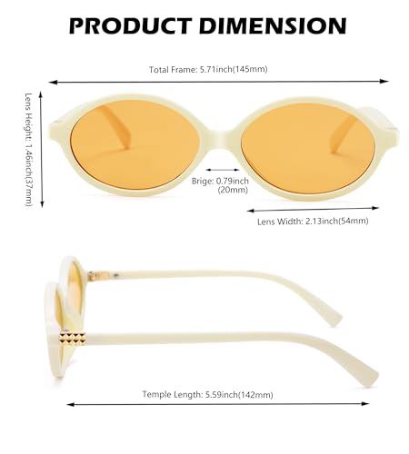 NULOOQ Retro Oval Sunglasses for Women 90s Trendy Vintage Small Round Sunnies Shades - color: C8* Beige Frame/Orange Lens