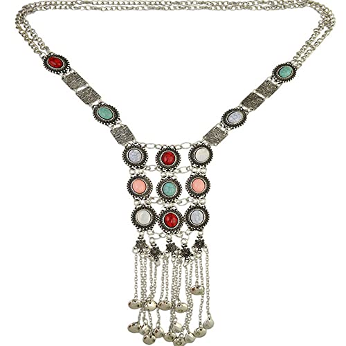 Asphire Bohemian Long Tassel Necklace Vintage Colorful Gemstone Turquoise Necklace Nepal Tibetan Ethnic Exaggerated Statement Accessories for Women and Girls - color: Silver