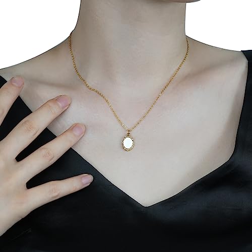 FarF&ME Dainty Mother of Pearl Necklace Gold Silver Oval Shell Pendant Cable Chain Vintage Retro Stackable Necklace Gift for Women