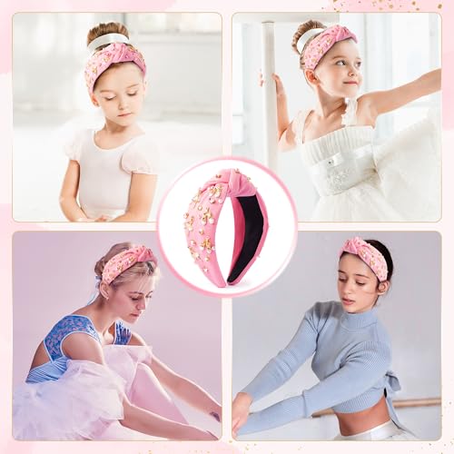 PANTIDE Ballerina Jeweled Knotted Headband - Dancing Girl Ballet Shoes Rhinestone Crystal Pearl Embellished Headband Wide Top Knot Hair Accessories Outfits Birthday Gift for Dancer Women Girl (Pink) - color: Pink Ballet