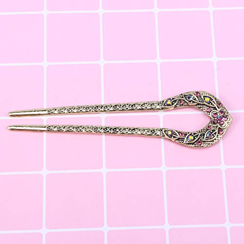 Lurrose Vintage Mental Hair Forks U-Shaped Crystal Chignon HairPin Hair Stick Hairstyle Accessory for Girls (Purple) - color: Purple