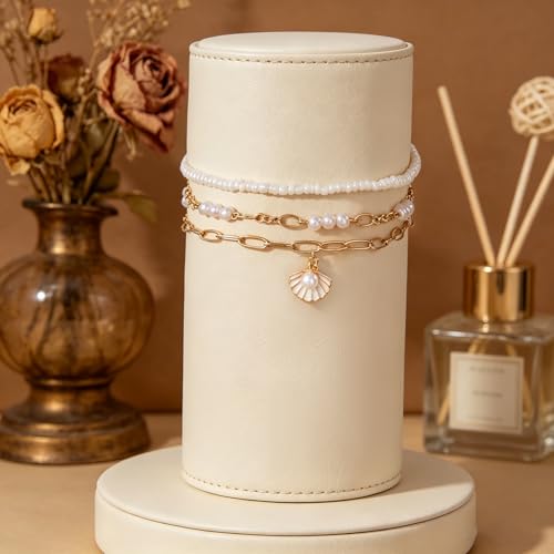 Beach shell sea star sea bead anklet set for Women, adjustable gold-plated Bohemian shell bracelet for ankle Fashion Layered anklet - color: Shell &pearl 3Pcs
