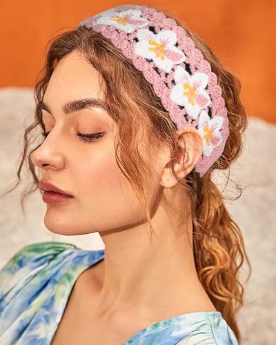 HAIMEIKANG Hippie Hair Bandanas Headbands for Women Boho Headband Knit Hair Bands Floral Head Wrap for Girls(Purple + Blue + Pink) - color: Purple + Blue + Pink