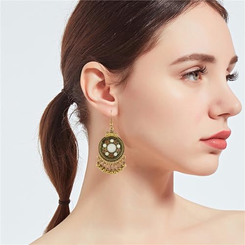 Vintage Boho Statement Drop Dangle Earrings for Women Bohemian Ethnic Handmade Beaded Charms Earring Bohemian Retro Chandelier Tassel Earrings Mexico Gypsy Jewelry Gift - color: Gold Round White