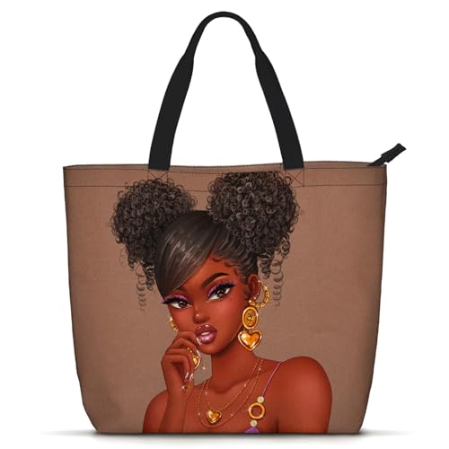 African American Women Tote Bag Black Shoulder Handbag For Women Fit Work Beach Labtops With Zip - color: Black Women 27