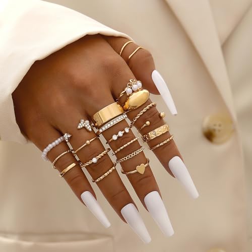 FAXHION 24-60 Pcs Gold Stackable Rings for Women, Knuckle Rings Chunky Gold Ring Set Dainty Stacking Cute Rings, Multiple Sizes Cute Jewelry Set Gift - style: Gold-21 Pcs