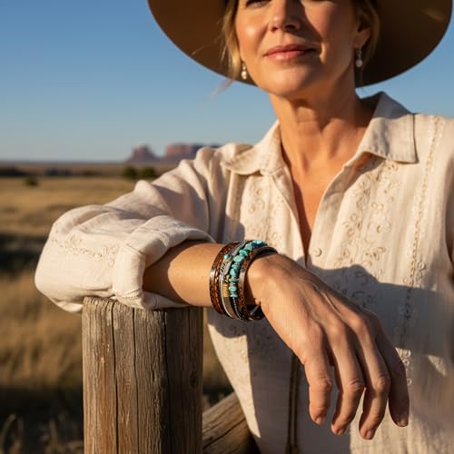 Turquoise Bracelet for Women, Boho Multilayer Leather Bracelet with Feather and Magnetic Clasp, Western Turquoise Jewelry - color: Brown