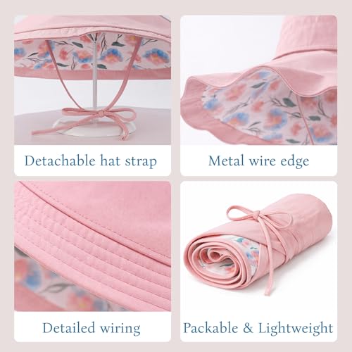 Wide Brim Sun Hat for Women Reversible Beach Hats Metal Wired Edge Gardening Hats, UPF 50+ Bucket Summer Hat - color: Pink