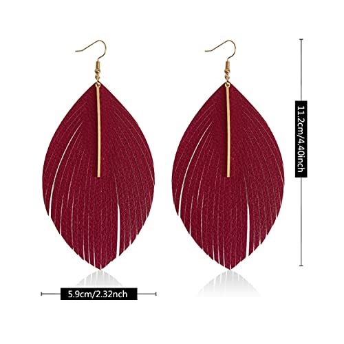 Minimalist Handmade Lightweight Large Soft Faux Leather Fringe Feather Dangle Drop Earrings Bohemian Huge Leaf Hook Earrings with Bar for Women - color: Rose red