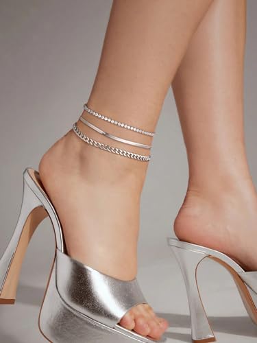 FindChic Black/Silver/Gold Plated Anklets Set of 2PCS/3PCS Herringbone Chain Cuban Link Heart Charm Sparkling Tennis Ankle Bracelets, Waterproof Summer Foot Jewelry for Beach - color: 06. Silver-3PCS Herringbone & Tennis & Cuban