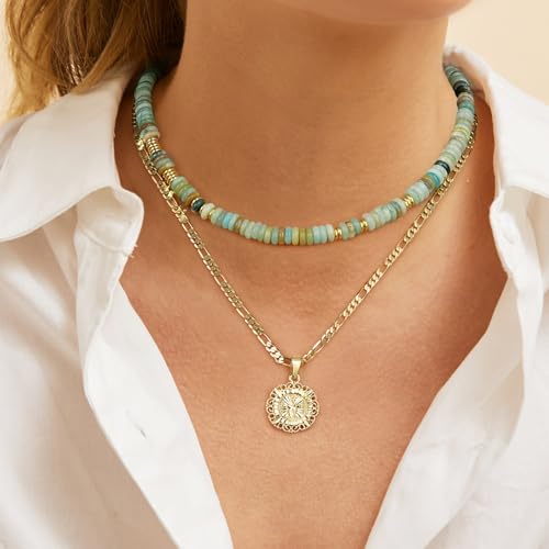 KissYan Boho Beaded Choker Necklace for Women, Gemstone Choker Natural Stone Freshwater Pearl Surfer Necklaces 14K Gold Plated Summer Beach Handmade Jewelry - color: B-Green Aventurine