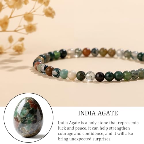 Natural Gemstone Beads Bracelets Healing Crystal Stone Beaded Bracelet for Women Men Handmade Spiritual Jewelry Gifts - color: India Agate, size: Round Beads