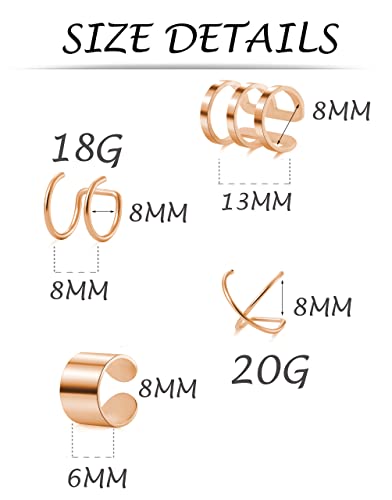 Tornito 4-10 Pairs Stainless Steel Ear Cuff Helix Cartilage Clip On Wrap Earrings Fake Nose Ring Non-Piercing Adjustable - color: A5: 4 Pairs, Rose Gold Tone