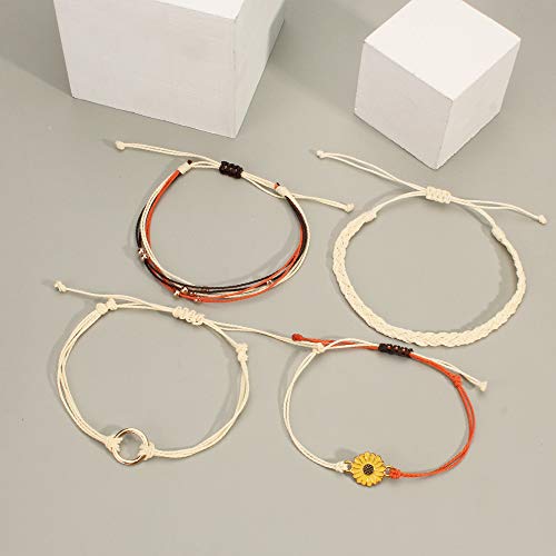 FANCY SHINY Easter Gifts Basket Stuffers Sunflower String Bracelet Boho Braided Rope Wrap Bracelets Cute Summer Beach Surfer Jewelry for Women - color: Beige