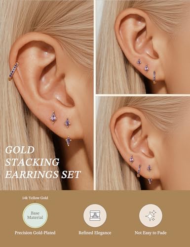 GEORGE · SMITH Stackable Kite Stud Earrings Set for Women, Gold & Silver Huggie Birthstone Jewelry with Emerald Green & Blue Sapphire, Trendy Earrings for Women 2025 - color: Gold,Purple CZ