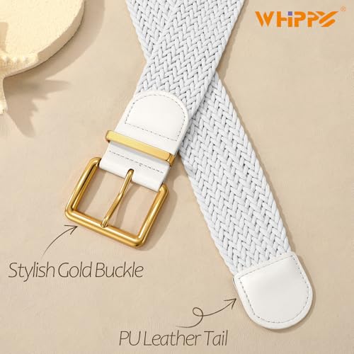 WHIPPY Women Wide Woven Belt Fashion Boho Rattan Braided Belt with Gold Buckle Raffia Straw Woven Waistband for Dresses - color: White, size: Fit Waist Size 25"-29"