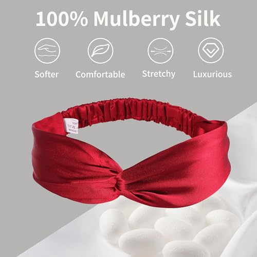 ZLYC Mulberry Silk Headband Elastic Twist Knotted Head Bands for Women's Hair, Solid Burgundy - color: Solid Burgundy