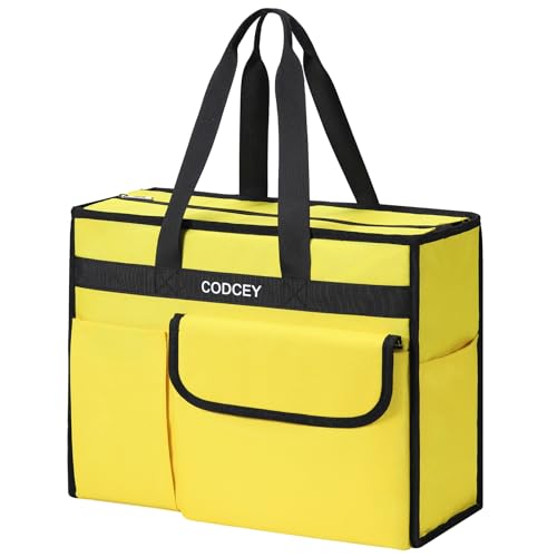 Large Utility Tote Bag with Reinforced Bottom, Waterproof Multi Pockets Beach Tote Bag for Travel, Work, School - color: Yellow