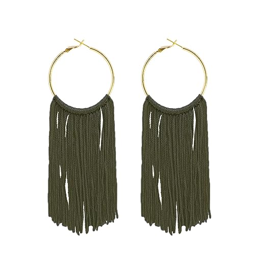 Boho Long Tassel Dangle Earrings for Women Lightweight Circle Hoop Silky Thread Fringe Drop Statemen Earrings - color: dark green