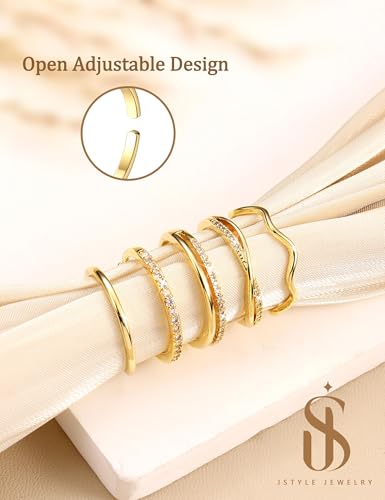 Jstyle Gold Stackable Rings for Women Non Tarnish Open Adjustable Rings Cubic Zirconia Thin Thumb Silver Ring Set 14K Gold Filled Pinky Knuckle Stacking Set - Dainty Statement Promise Band Ring Sets