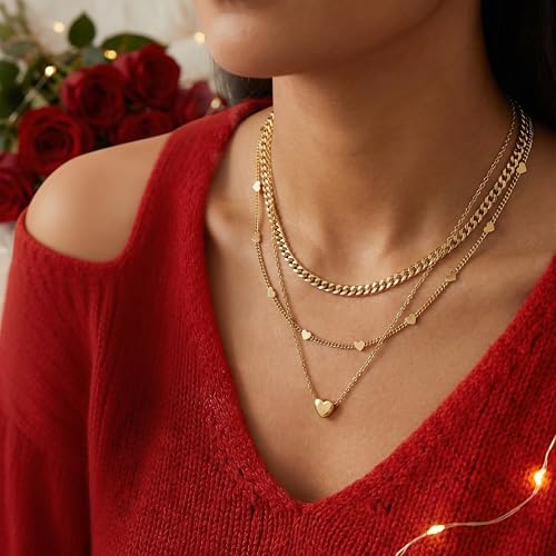 WomenGifts Layered Gold Necklaces for Women, 14K Gold Sterling Silver Plated Dainty Pendant Necklace Set Non Tarnish, Chunky Stackable Cuban Chain Choker, Trendy Birthstone Vacation Jewelry Gift - color: Gold, style: Heart Trio