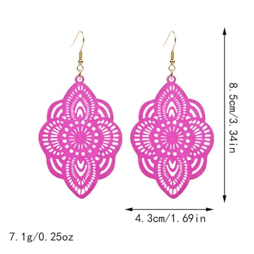 Bohemian Wood Earrings Natural Retro Lightweight Hollow Pattern Geometric Wooden Dangle Drop Earrings Statement Vintage Jewelry - color: Rose Pink Earrings