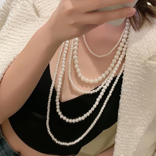 Layered Pearl Necklaces for Women Big Pearl Long Chain Necklace Dainty Faux Pearl Necklaces Statement Sweater Strand Chain Jewelry - style: pearl
