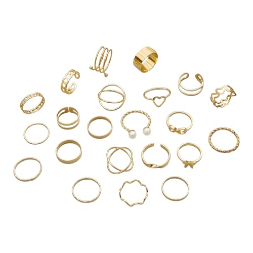 Vintage Silver/Gold/Black Kunckle Rings Set for Women Boho Stackable Rings Butterfly Pearl Heart Rings Open Adjustable Finger Rings Statement Rings Set Jewelry Gifts - color: Gold