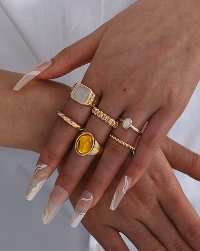 FAXHION 24-60 Pcs Gold Stackable Rings for Women, Knuckle Rings Chunky Gold Ring Set Dainty Stacking Cute Rings, Multiple Sizes Cute Jewelry Set Gift - style: Maillard -6 pcs