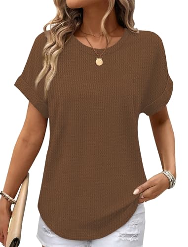 Sampeel Summer Tops for Women 2026 Trendy Rolled Short Sleeve Shirts Waffle Knit Crew Neck Tops Curved Hem Fashion Clothing - color: Classic Brown, size: Small