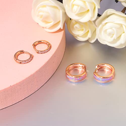 CiNily Huggie Earrings Opal Hinged Hoop Earrings Gold Plated Hypoallergenic Small Hoop Earrings for Women Teen Girls Men Sensitive Ears - color: Pink-Rose Gold