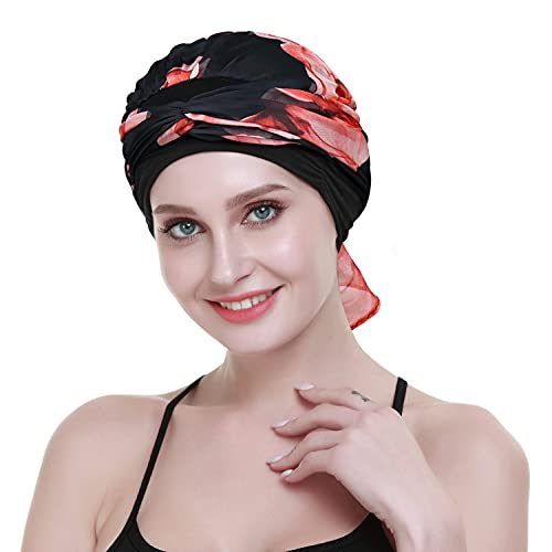 Chemo Headwear Turbans for Women Long Hair Head Scarf Headwraps Cancer Hats - color: Dark Red Black